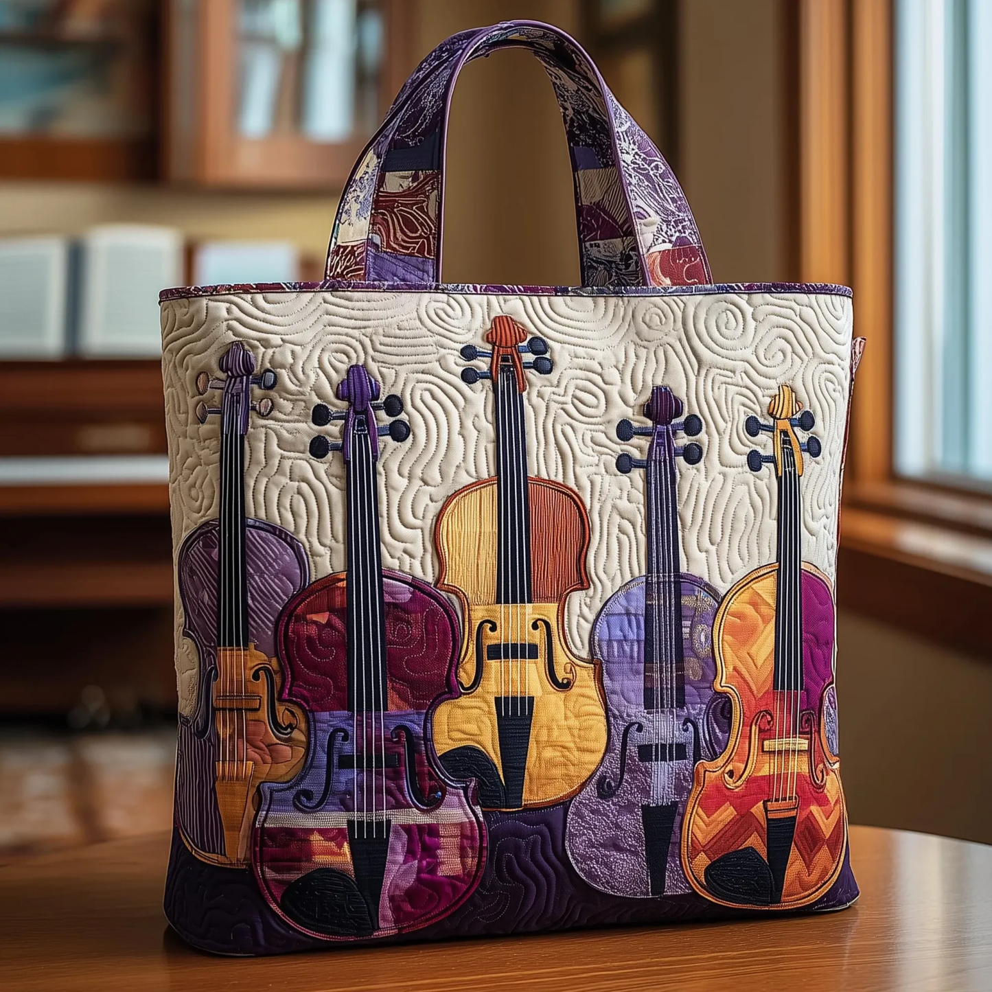 Elegant Violin Quilted Tote Bag
