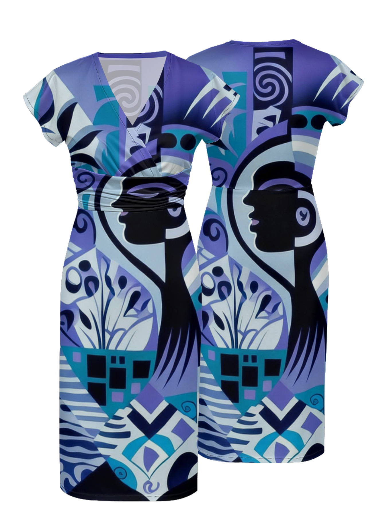 Abstract African Art Cap Sleeve V-Neck Midi Dress IYT99018