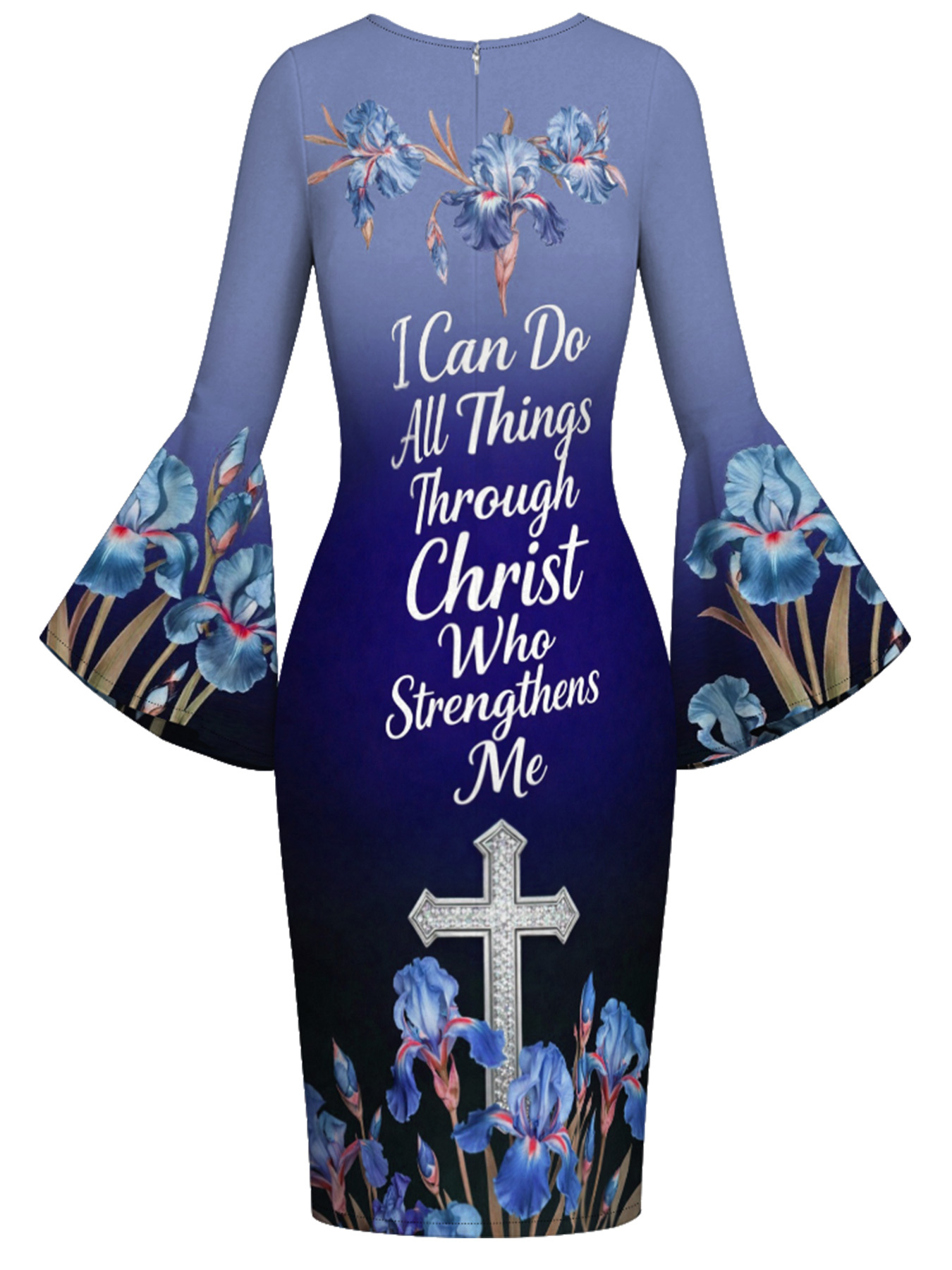 Blue Iris Floral Cross Scripture Easter Flare Sleeve Bodycon Midi Dress JIHB2863
