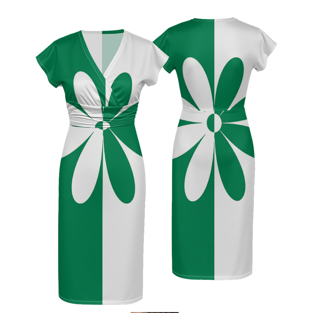 Green White Floral Cap Sleeve V-Neck Midi Dress ADG753