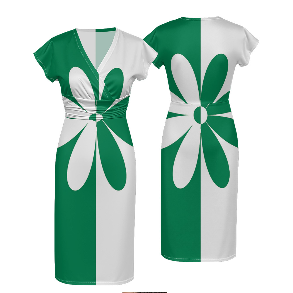 Green White Floral Cap Sleeve V-Neck Midi Dress ADG753