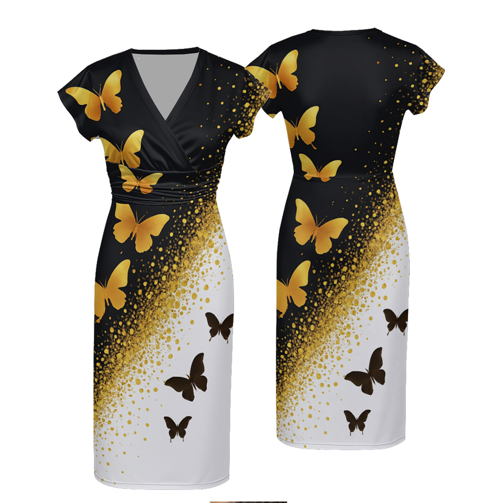 Black White Gold Butterfly Cap Sleeve V-Neck Midi Dress AEG642