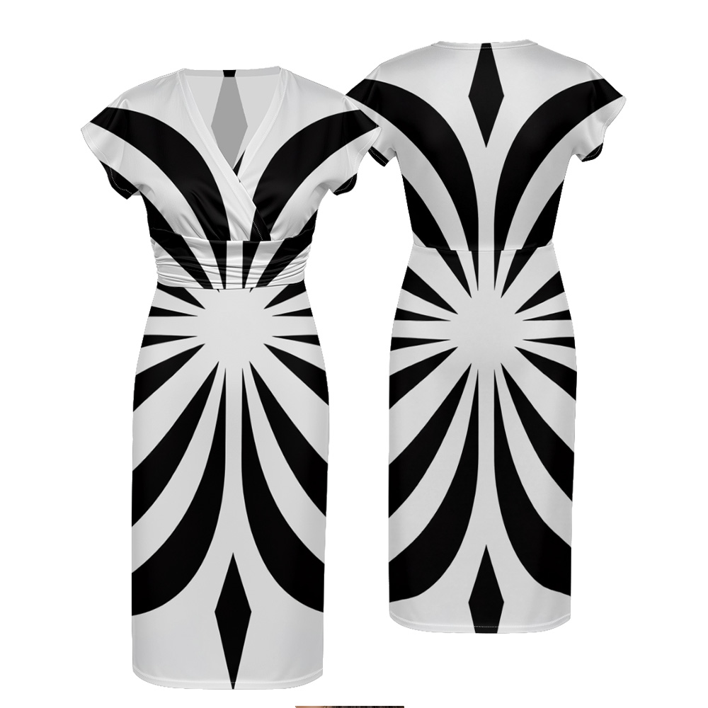 Black White Radial Cap Sleeve V-Neck Midi Dress BDG852