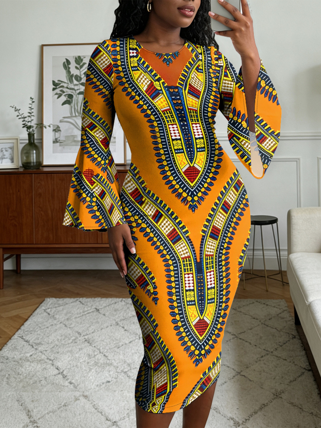 African Tribal Flare Sleeve Bodycon Midi Dress IOJ85689
