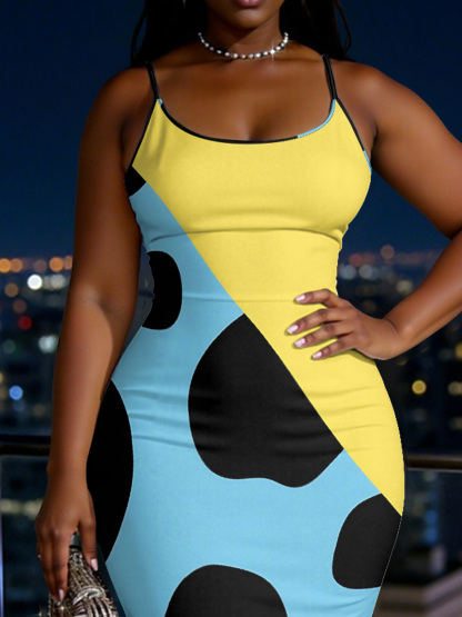 Cow Print Color Block Spaghetti Strap Mermaid Dress