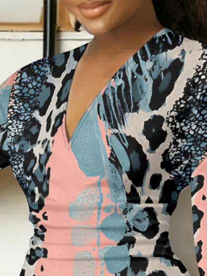 Pink Leopard Blue V-Neck Bodycon Midi Dress EGH750