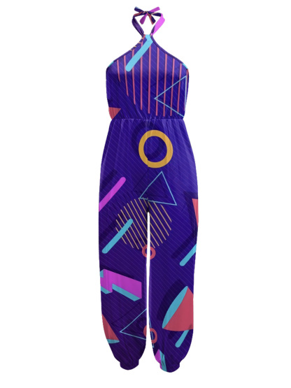 Purple Geometric Sleeveless Halter Jumpsuit