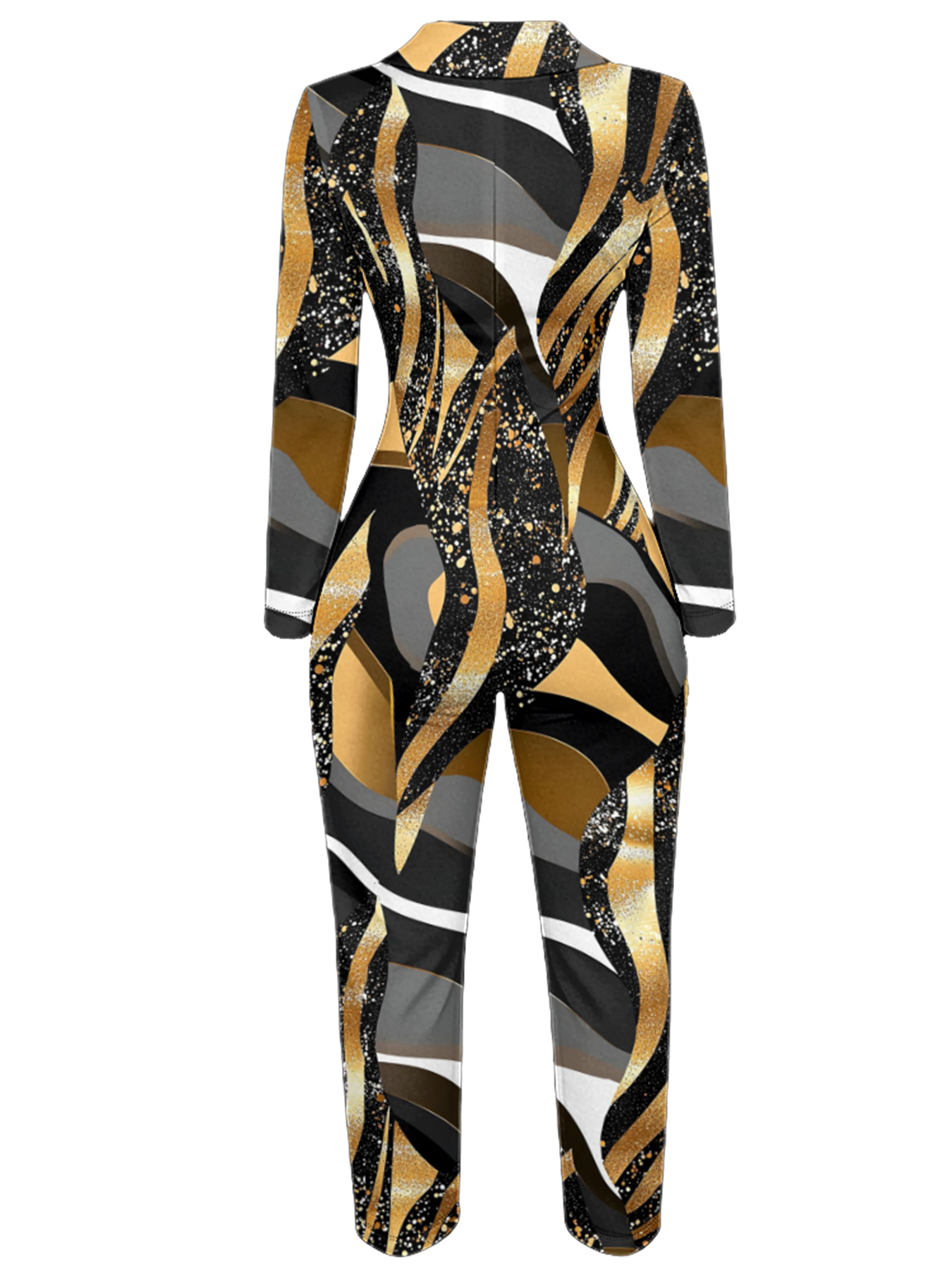 Metallic Gold Stripe Long Sleeve Zip-Up Jumpsuit STU943