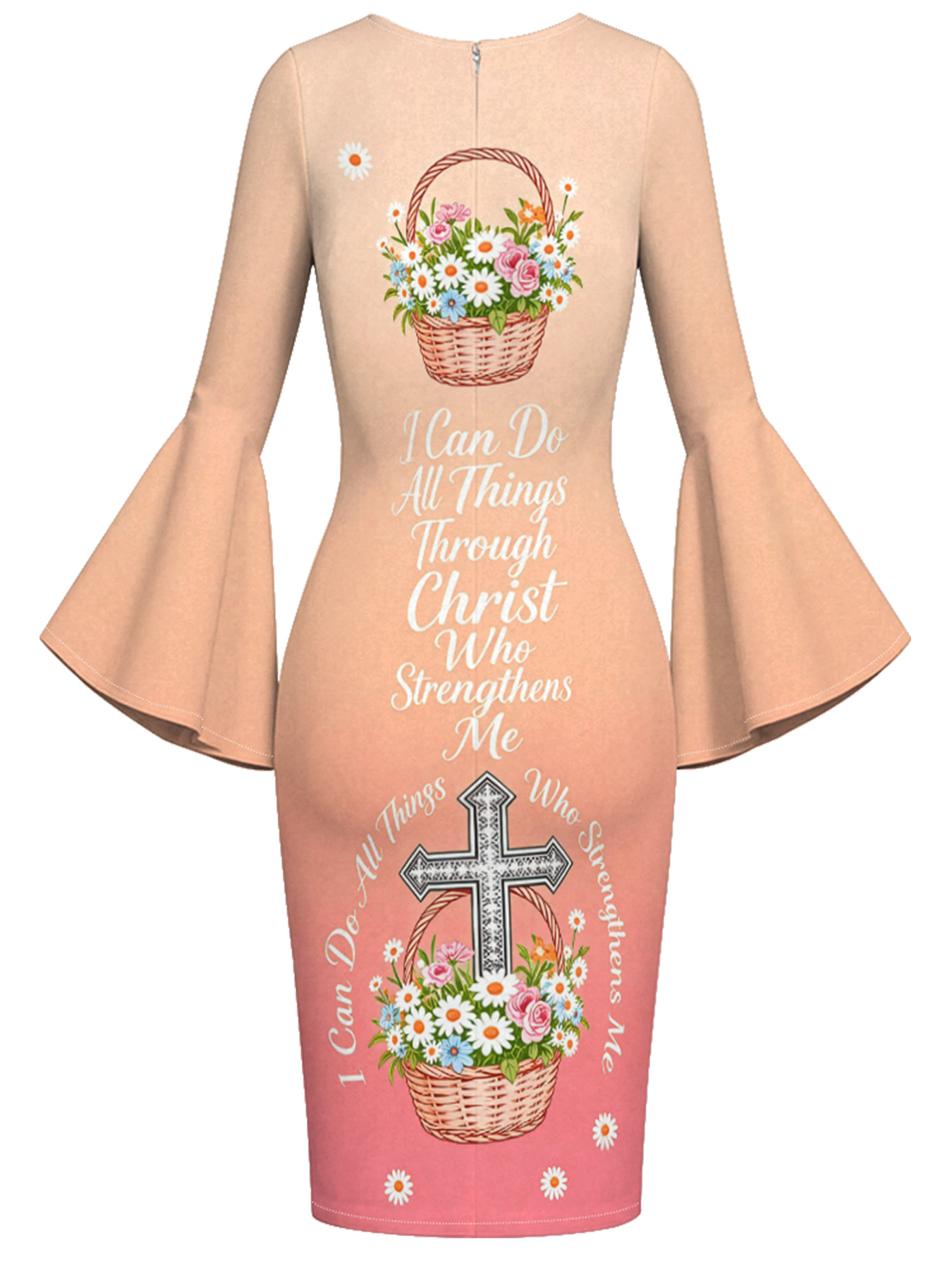 Peach-Pink Floral Basket Cross Easter Flare Sleeve Bodycon Midi Dress