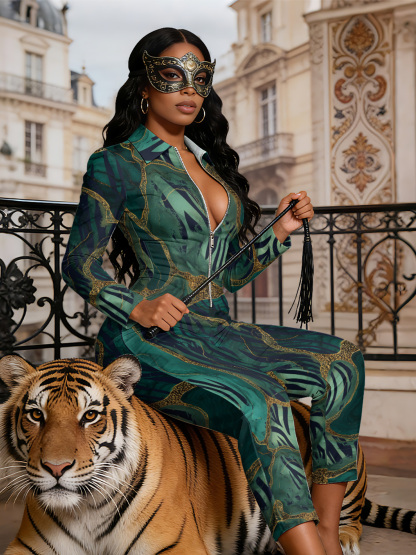 Emerald Green Marble Long Sleeve Zip-Up Jumpsuit UVW721