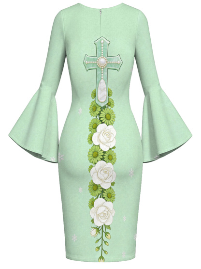 Mint Green Pearl Cross Easter Flare Sleeve Bodycon Midi Dress