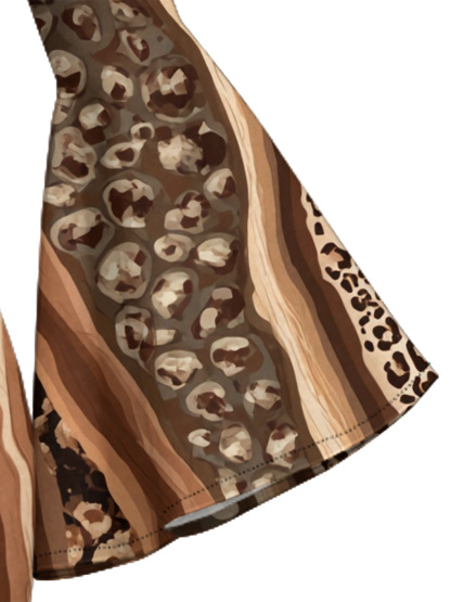 Brown Stripe & Leopard Print Bell Flare Sleeve Bodycon Midi Dress