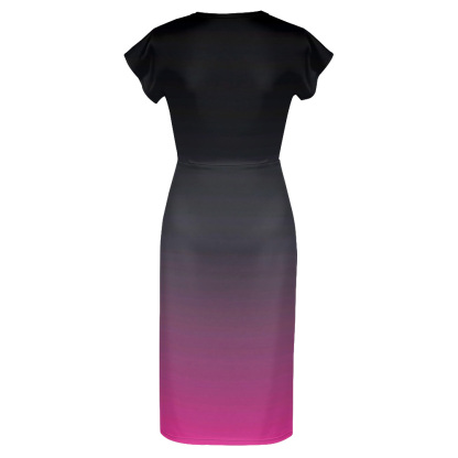 Black to Pink Ombre Cap Sleeve V-Neck Midi Dress BEH741