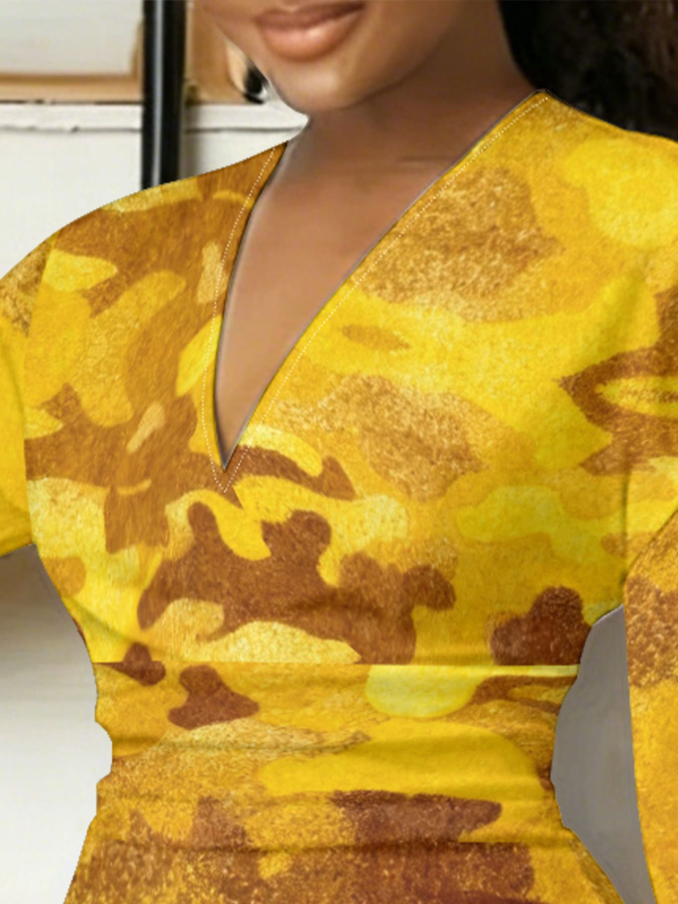 Yellow & Brown Camouflage V-Neck Bodycon Midi Dress JKP5931