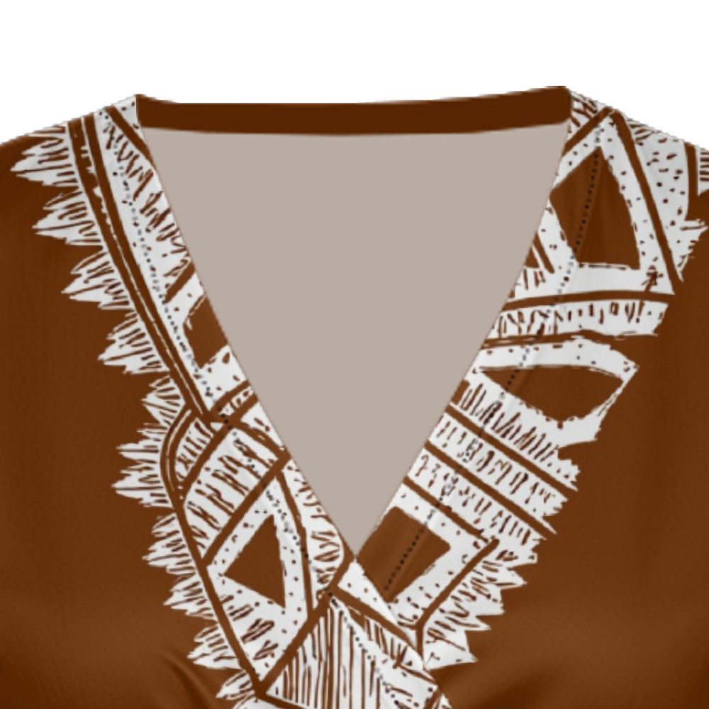 Terracotta White Tribal Cap Sleeve V-Neck Midi Dress