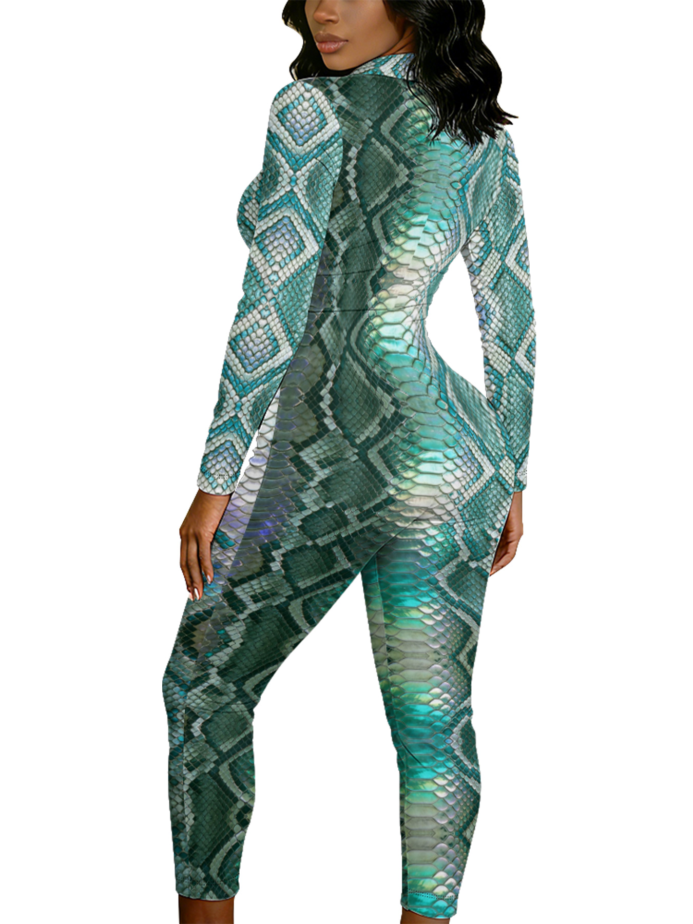 Iridescent Snake Long Sleeve Zip-Up Jumpsuit XYZ412