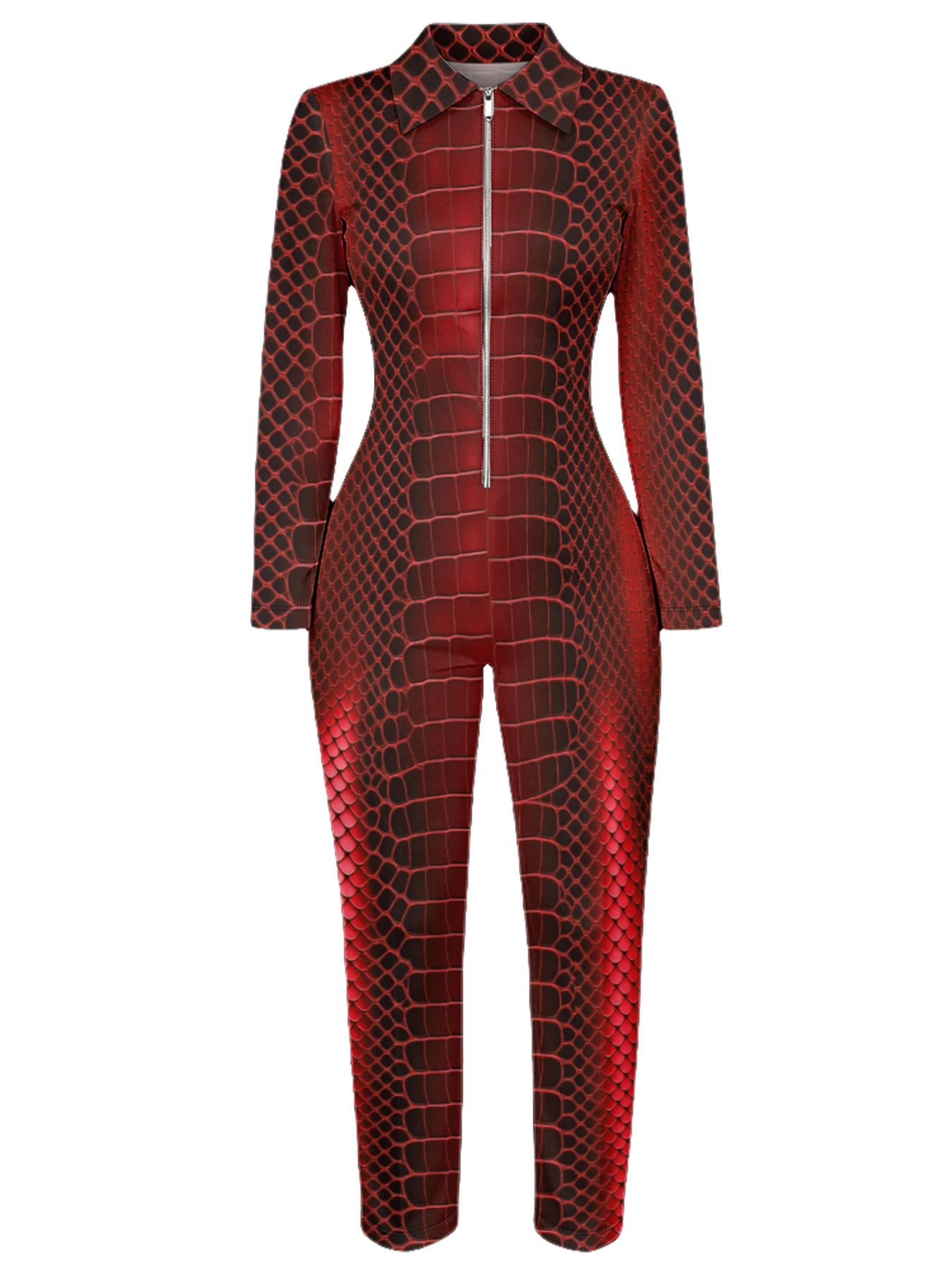Red Snake Skin Long Sleeve Zip-Up Jumpsuit
