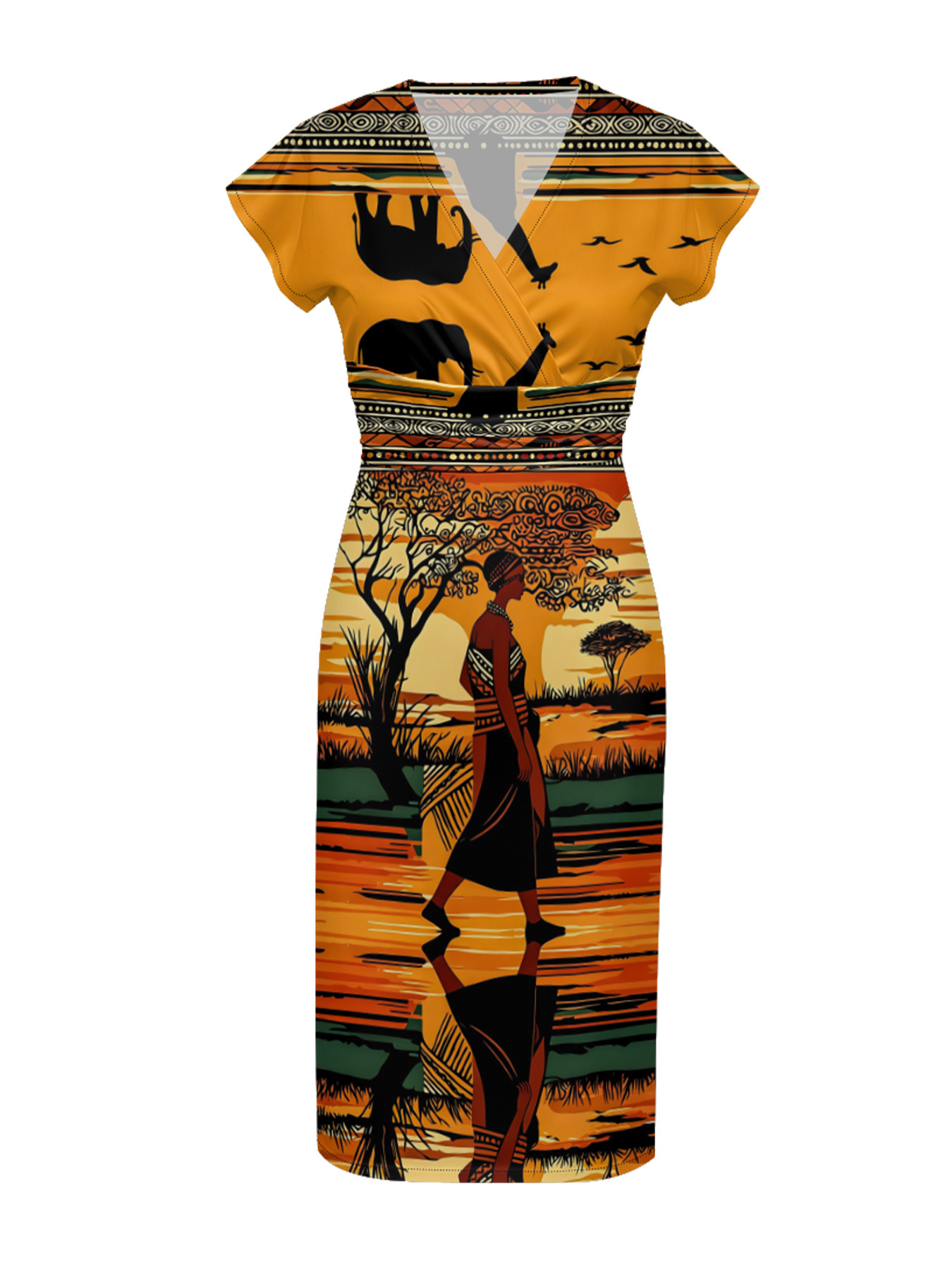 African Savannah Sunset Cap Sleeve V-Neck Midi Dress YUN345