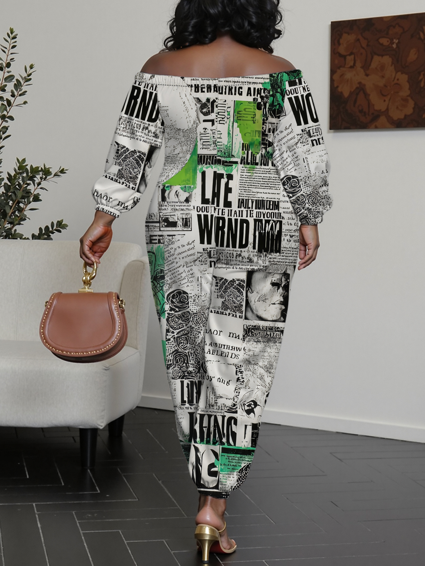 Green Grunge Newspaper Collage Off-Shoulder Jumpsuit