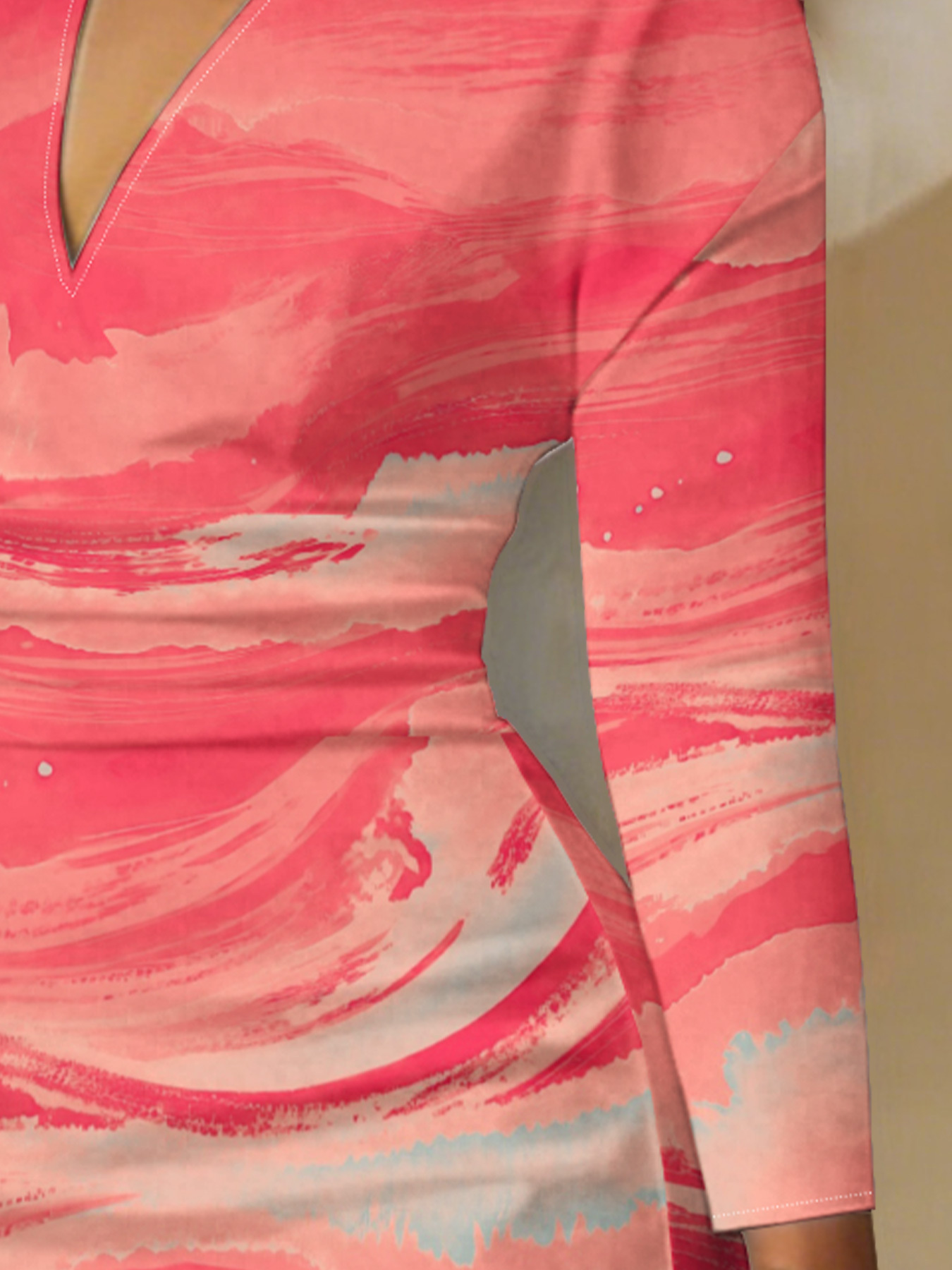 Coral Wave Print V-Neck Bodycon Midi Dress