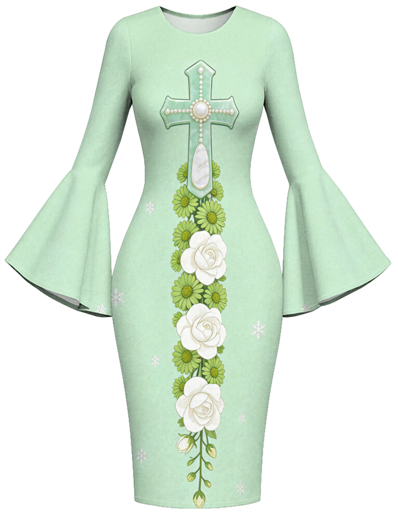 Mint Green Pearl Cross Easter Flare Sleeve Bodycon Midi Dress