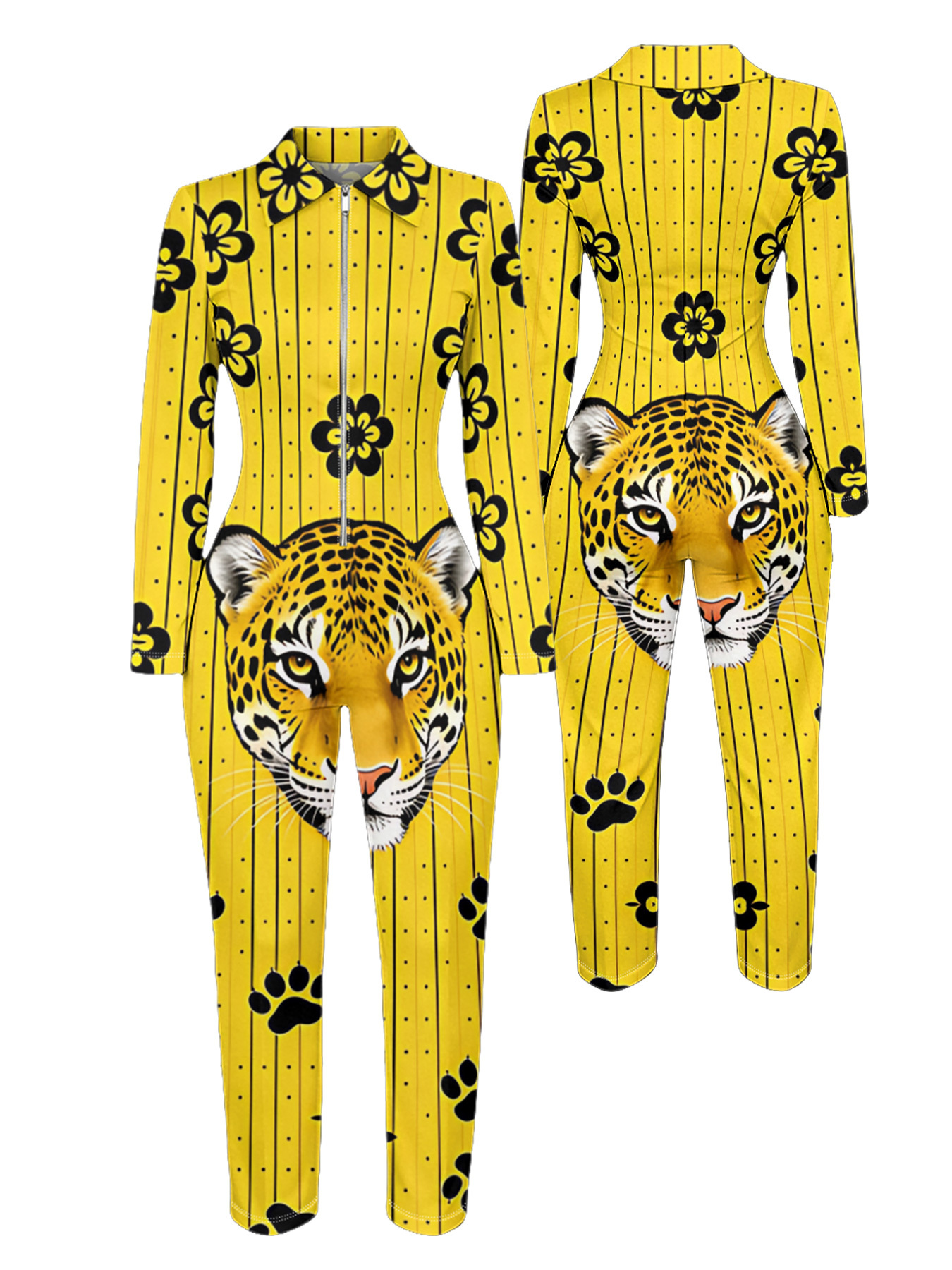 Yellow Tiger Long Sleeve Zip-Up Jumpsuit