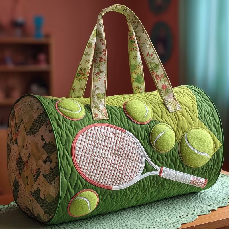 Green Patchwork Tennis Racket & Ball Duffle Bag