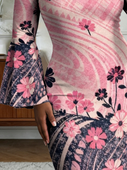 Pink Navy Floral Flare Sleeve Bodycon Midi Dress RQP531