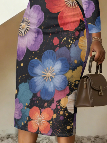 Vibrant Watercolor Floral V-Neck Bodycon Midi Dress PRW4732