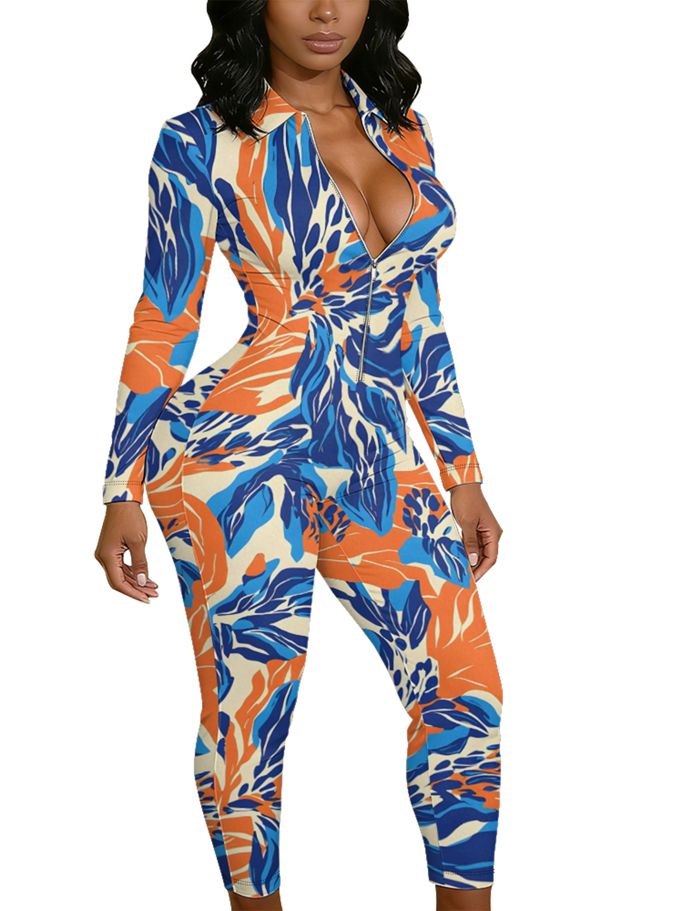 Tropical Floral Long Sleeve Zip-Up Jumpsuit VWX610