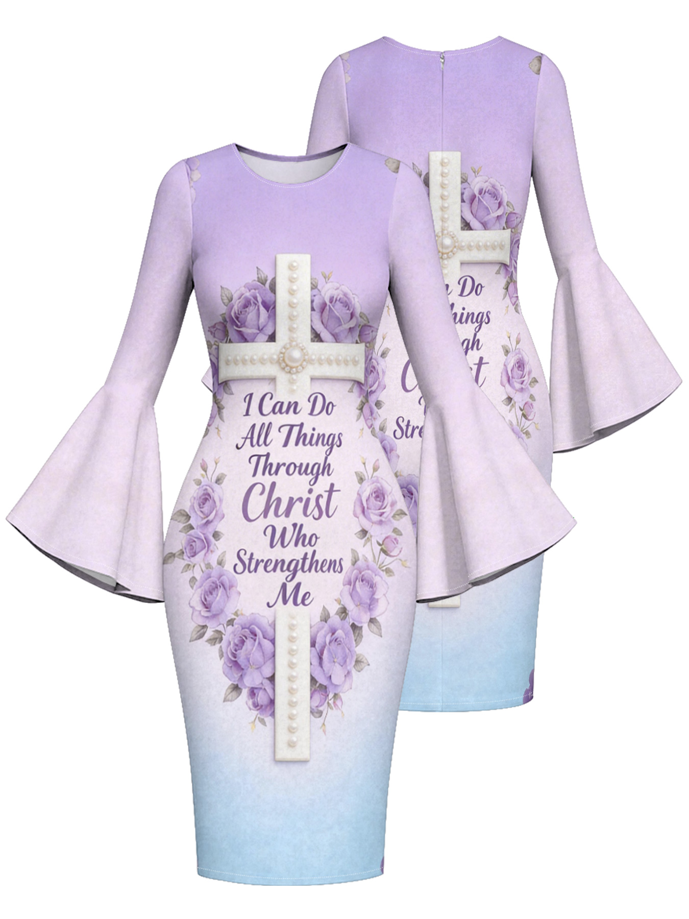Ombre Purple-Blue Pearl Cross Easter Flare Sleeve Bodycon Midi Dress