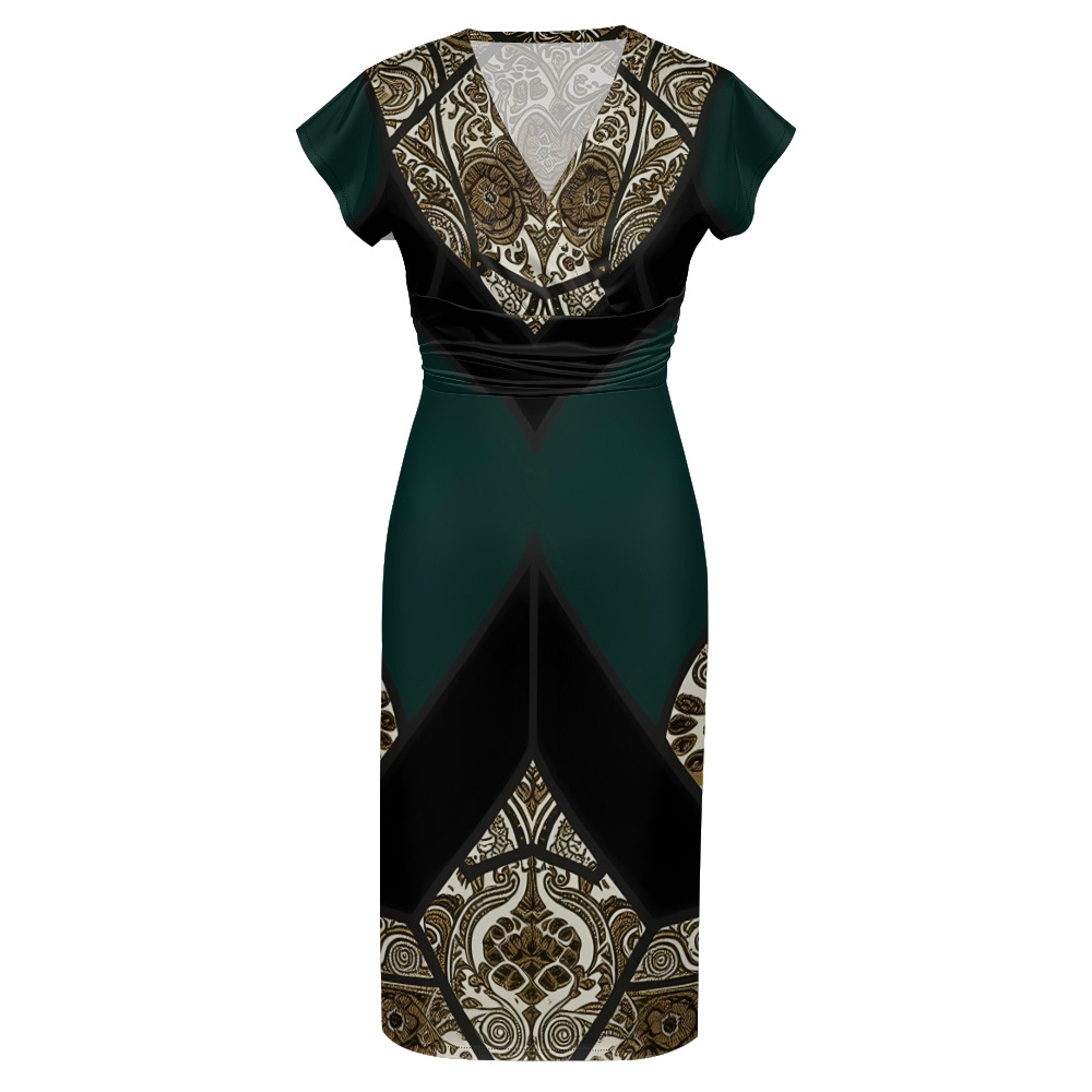 Emerald Green Gold Paisley Cap Sleeve V-Neck Midi Dress