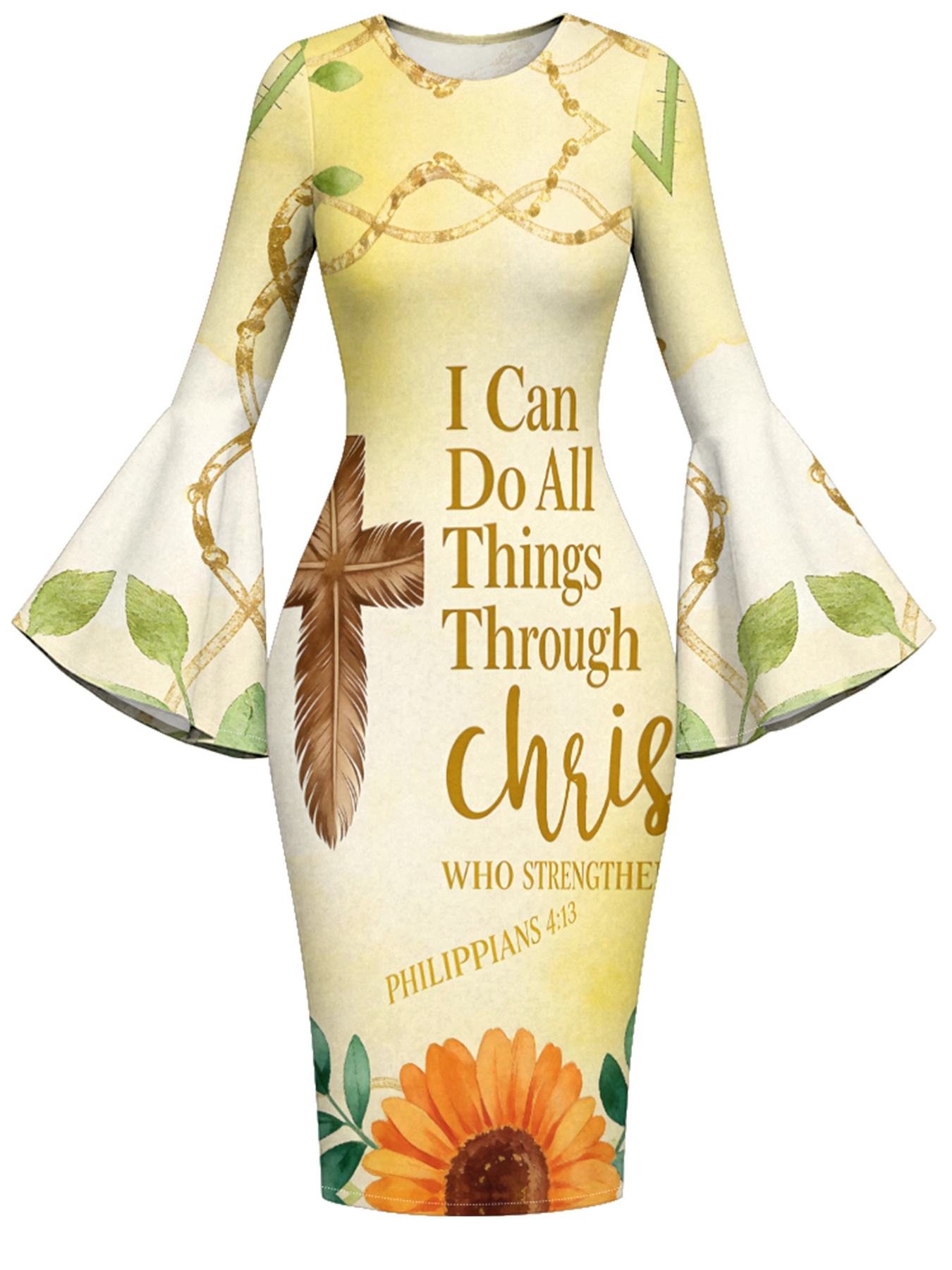 Butter Yellow Feather Cross Easter Flare Sleeve Bodycon Midi Dress