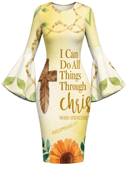 Butter Yellow Feather Cross Easter Flare Sleeve Bodycon Midi Dress