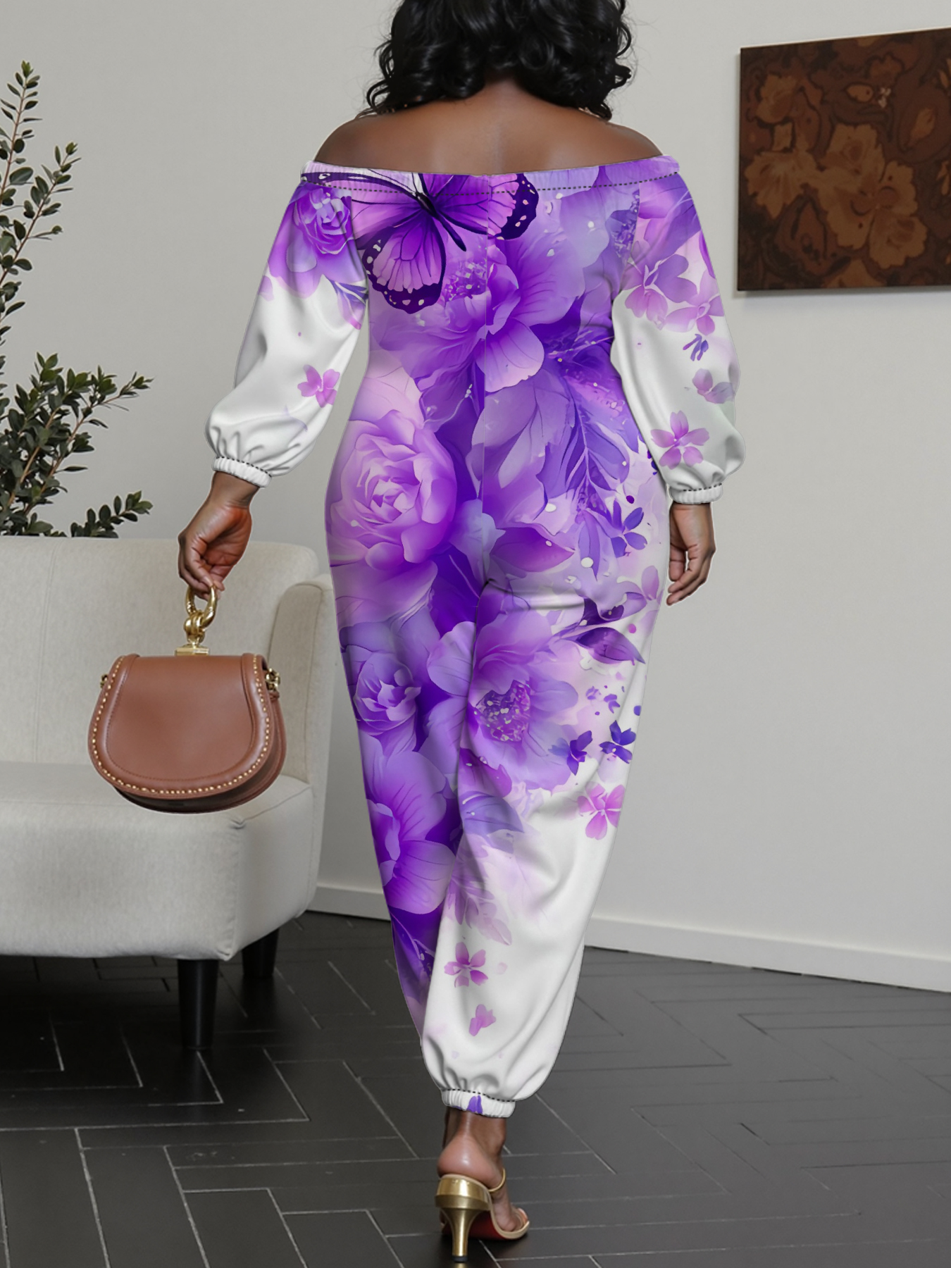 Purple Ombre Floral Off-Shoulder Jumpsuit