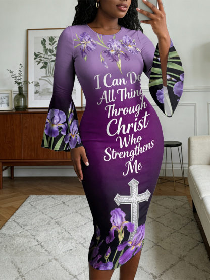 Purple Iris Floral Cross Scripture Easter Flare Sleeve Bodycon Midi Dress JIHB2863