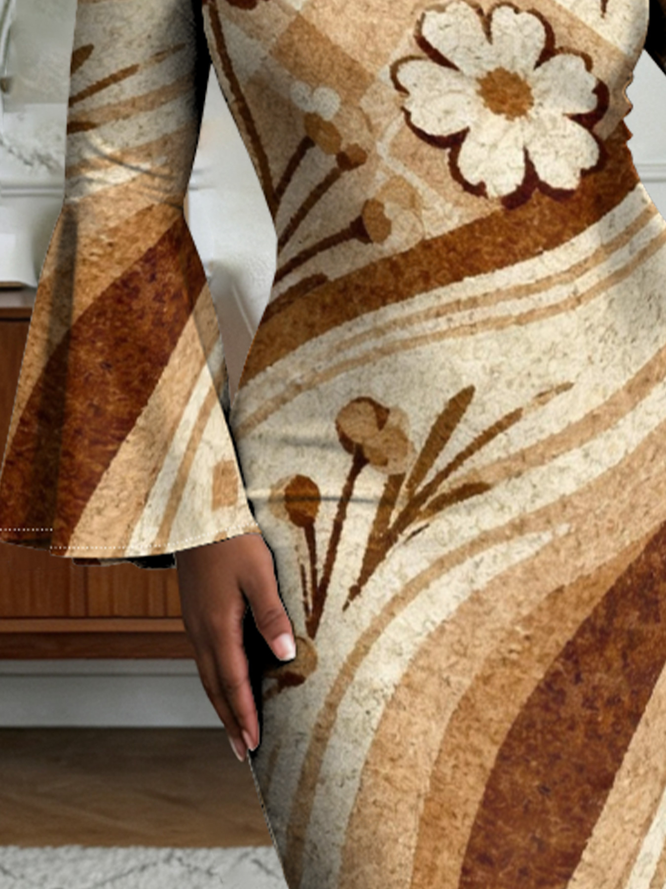 Tan Floral Stripe Flare Sleeve Bodycon Midi Dress NML963