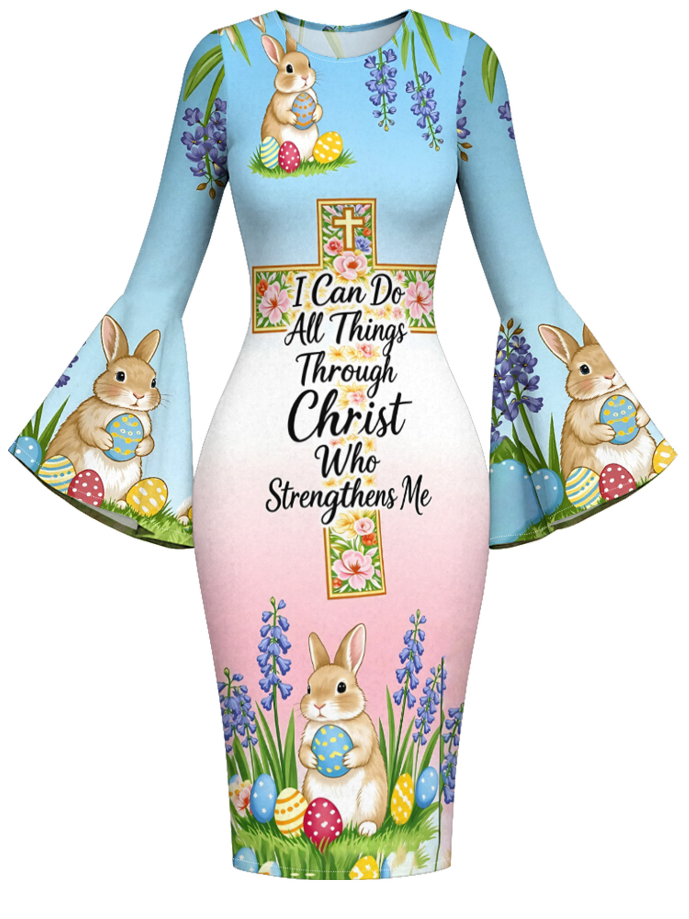Pastel Easter Bunny Christian Cross Flare Sleeve Bodycon Midi Dress