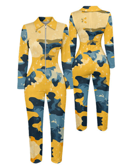 Yellow & Blue Camo Long Sleeve Zip-Up Jumpsuit