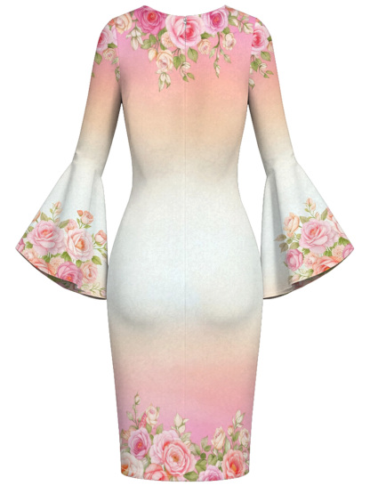 Pink Floral Cross Scripture Easter Flare Sleeve Bodycon Midi Dress JIHB2863