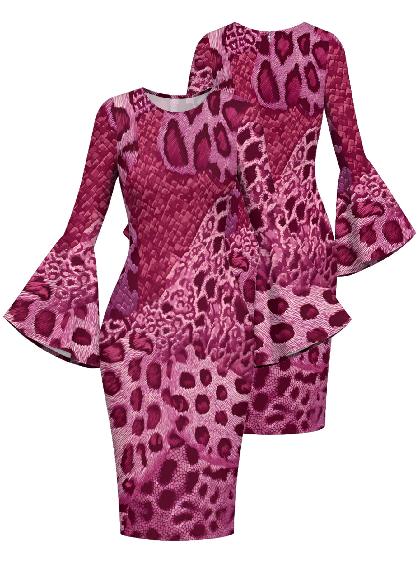 Berry Pink Mixed Animal Print Bell Flare Sleeve Bodycon Midi Dress