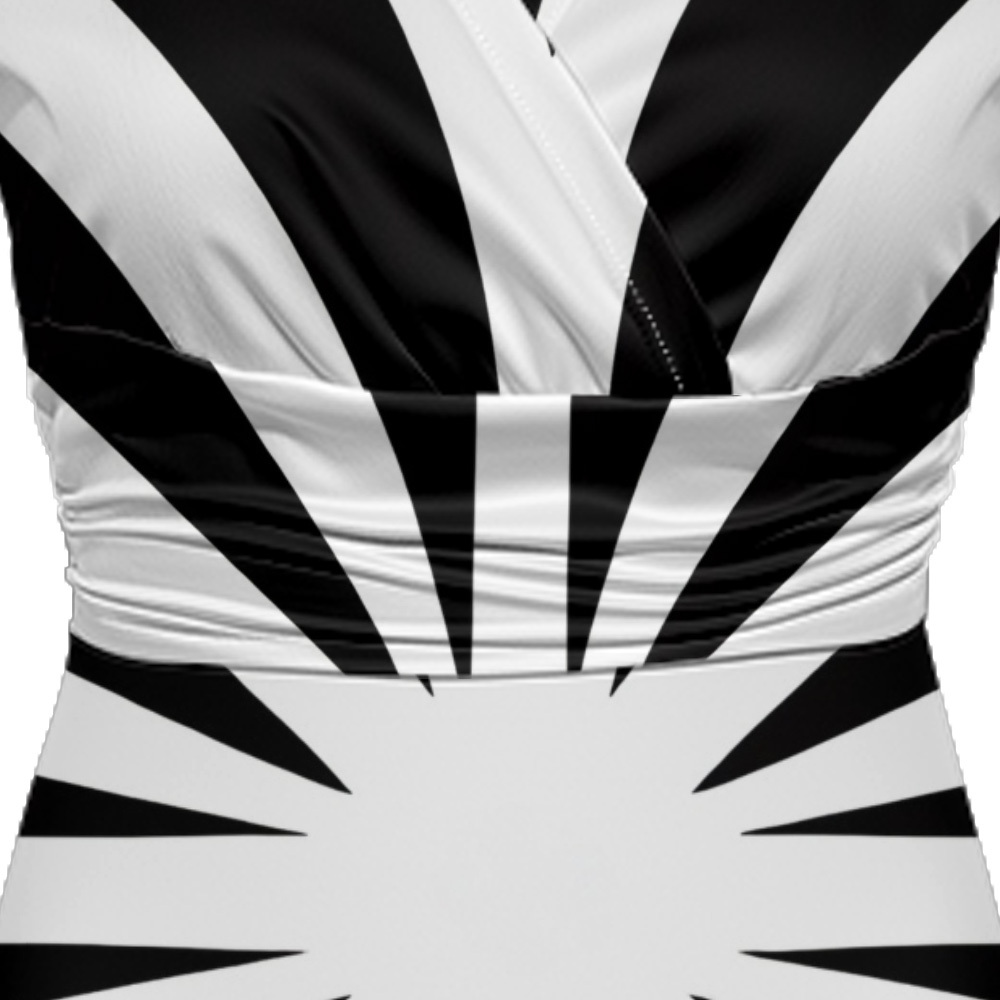 Black White Radial Cap Sleeve V-Neck Midi Dress BDG852