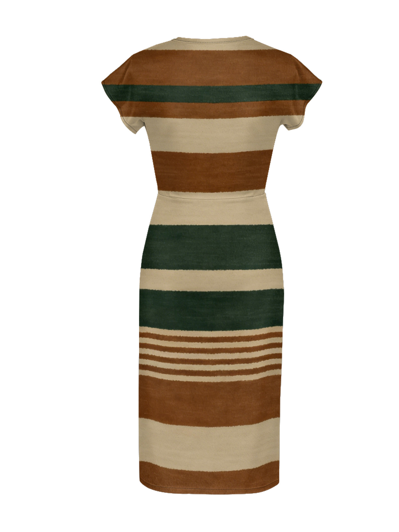 Earth Tone Stripe Cap Sleeve V-Neck Midi Dress IJG7685