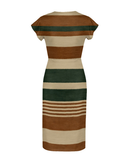 Earth Tone Stripe Cap Sleeve V-Neck Midi Dress IJG7685