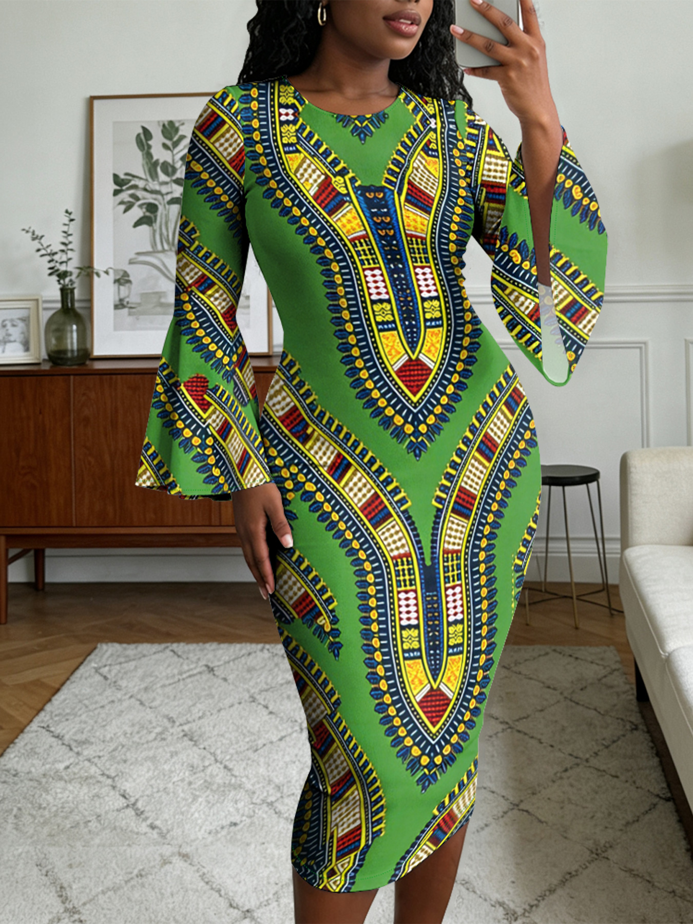 Green Dashiki Print Bell Flare Sleeve Bodycon Midi Dress