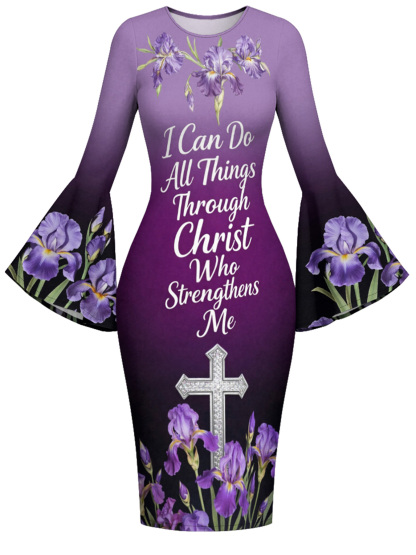 Purple Iris Floral Cross Scripture Easter Flare Sleeve Bodycon Midi Dress JIHB2863