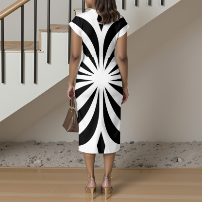 Black White Radial Cap Sleeve V-Neck Midi Dress BDG852
