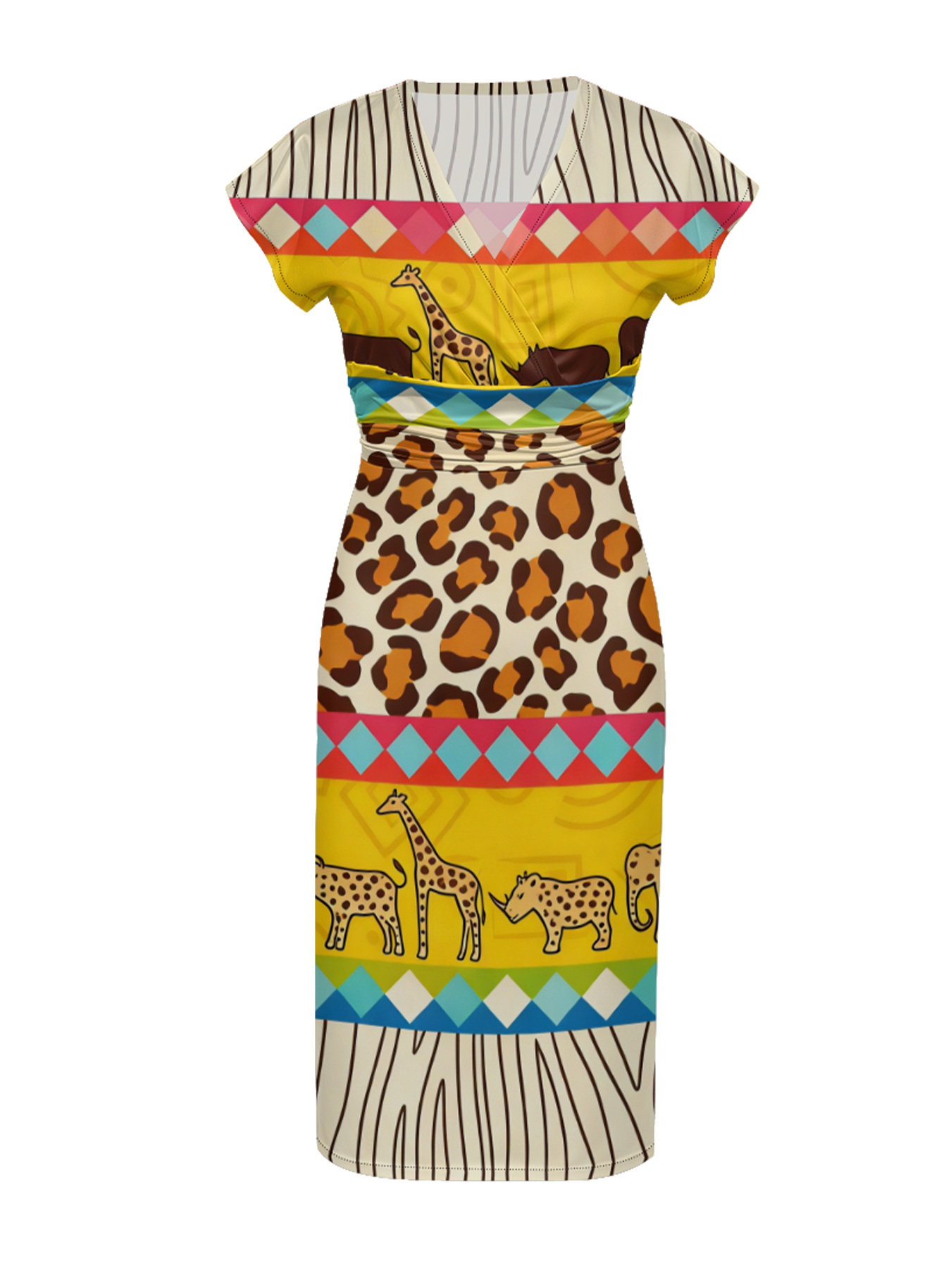 African Safari Cap Sleeve V-Neck Midi Dress 