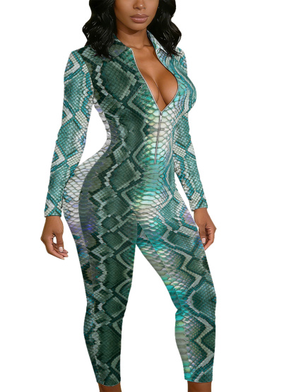 Iridescent Snake Long Sleeve Zip-Up Jumpsuit XYZ412