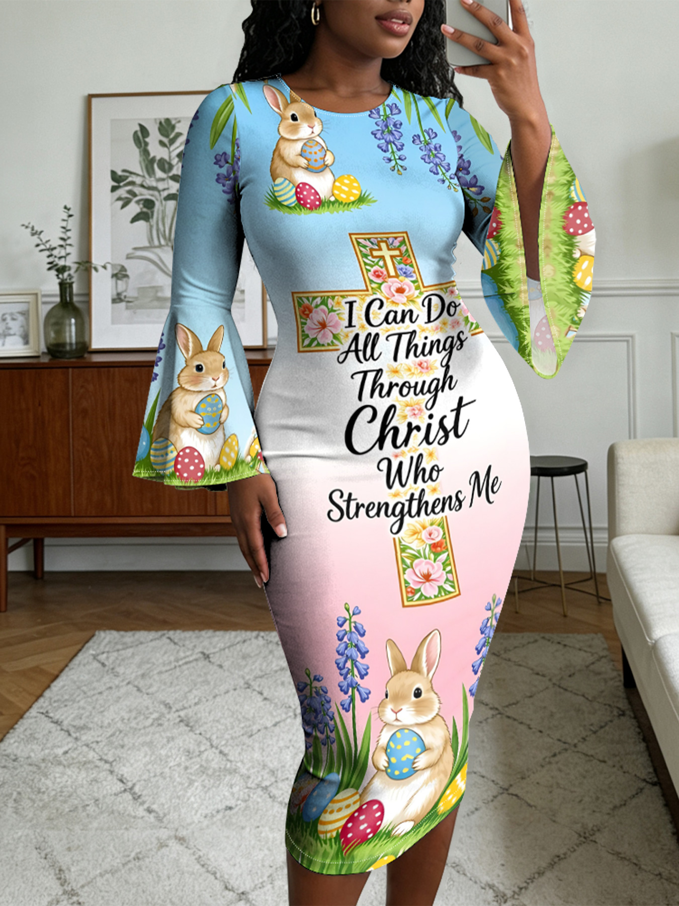Pastel Easter Bunny Christian Cross Flare Sleeve Bodycon Midi Dress
